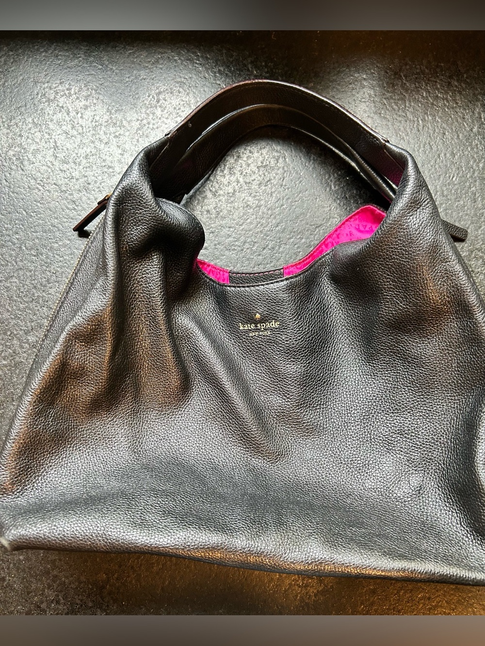 Kate Spade Classic Black Leather Hobo Bag with Pink Lining